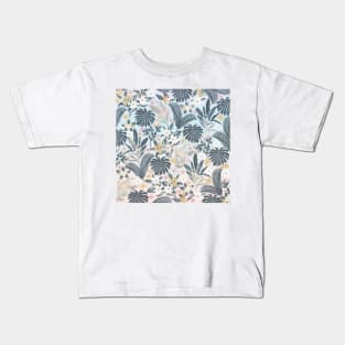 Tropical Grey Gold Foliage Floral Pattern Kids T-Shirt